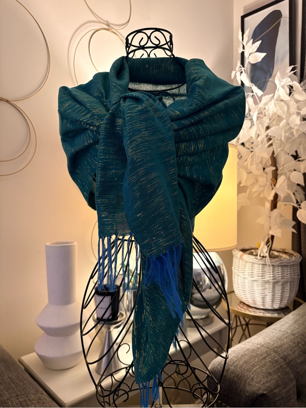 Textured Teal Woven Gold Metallic Thread Blue Fringe Wrap Scarf 21”x 65”